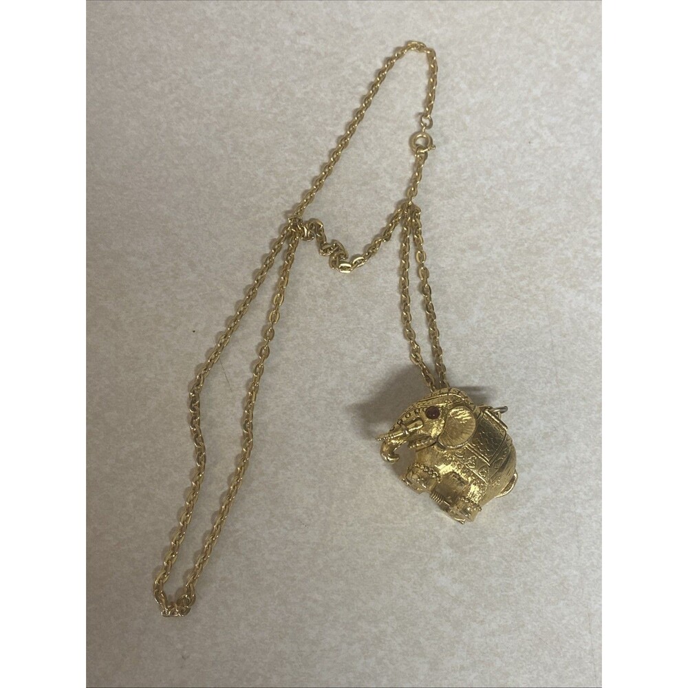 Max Factor Solid Perfume Compact Tiny Tusker Elephant Pendant Gold Tone Vintage